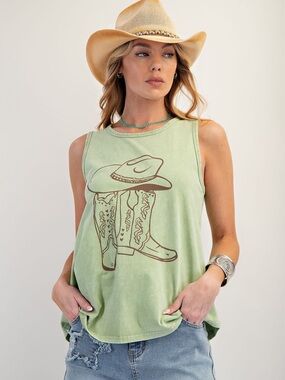 easel Light Green Graphic Cowboy Boots Tank Top